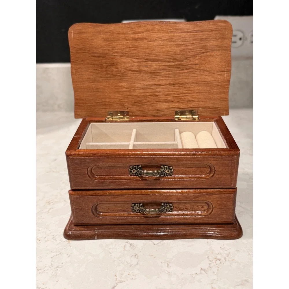 Small Wooden Jewelry Box with Drawer and Ring Inserts Warm Brown Finish Vintage